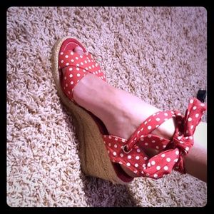Flirty Red Polka Dotted Wedge Sandals.